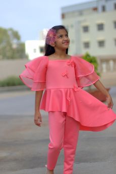 Tutus by Tutu-Peplum Jumpsuit with 3D Flowers and Orgenza Sleeves