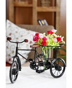 Desi Karigar Metal & Wood Rickshaw Flower Holder - Black (Miniature)
