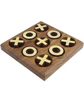 Desi Karigar Noughts and Crosses Game Brass Wooden Tic Tac Toe Game - Brown