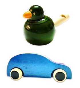 Lil Amigos Nest Channapatna Wooden Toys ( 1 Years+) Multicolor - Improves Hand Eye Coordination & Sound Skills Race Car & Bird Whistler Toys Set Pack of 2 (Blue & Green)