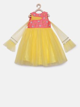 Tutus by Tutu-Pink yellow tulle gown with sequins work along dupatta