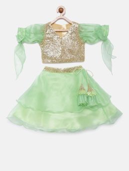 Tutus by Tutu-Sequin Puff sleeve Top With Ghagra
