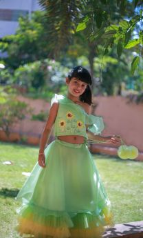 Tutus by Tutu-Sunflower one shouldered Green Top with tiered Lehenga-6-12 Months
