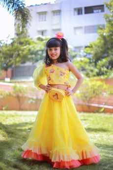 Tutus by Tutu-Yellow One Sleeves Sequins Choli with tiered lehenga and belt bag