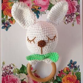 Little Ok-Bunny with Bow Wooden Crochet Teether (White & Green)