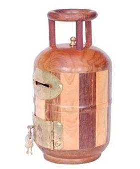 Desi Karigar Wooden Cylinder Shaped Piggy Bank - Brown