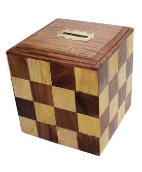 Desi Karigar Chess Style Square Wooden Money Bank - Brown