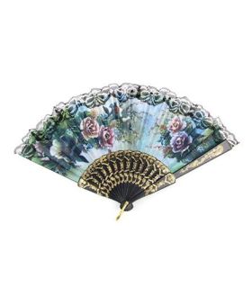 Desi Karigar Floral Lace Hem Foldable Hand Fan - Blue