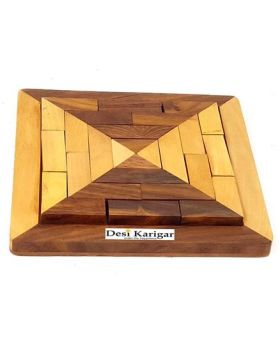 Desi Karigar Handmade Square Wood Tangram Puzzle Game Set - Brown Yellow
