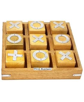 Desi Karigar Noughts and Crosses Game Brass Wooden Tic Tac Toe Game - Off White
