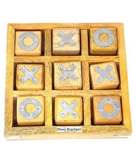 Desi Karigar Noughts and Crosses Game Brass Wooden Tic Tac Toe Game - Yellow