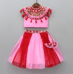 Tutus by Tutu-Red and Pink High Neck Embroided Lehenga-6-12 Months