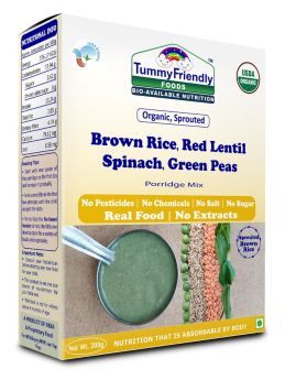 TummyFriendly Foods-Certified  Organic Sprouted Brown Rice, Red Lentil, Spinach, Green Peas Porridge Mix | Excellent Weight Gain Baby Food| Made of Sprouted Brown Rice | 200g