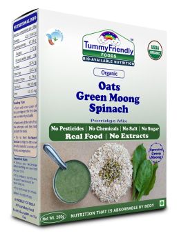 TummyFriendly Foods-Certified Organic Organic Oats, Green Moong, Spinach Porridge Mix | Organic Baby Food for 8 Months Old | Made of Sprouted Whole Green Moong | Rich in Iron, Protein & Micro-Nutrients | 200g