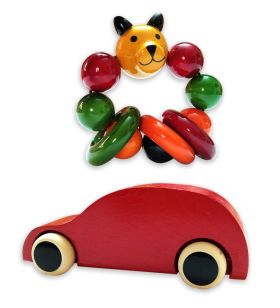 Lil Amigos Nest Channapatna Wooden Toys ( 1 Years+) Multicolor - Improves Hand Eye Coordination & Sound Skills Race Car & Bear Head Rattle Toys Set Pack of 2 (Red Color)