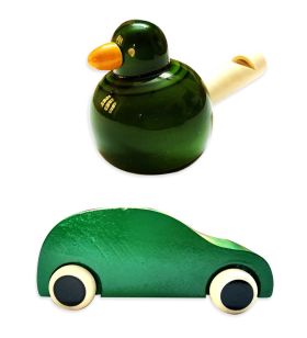 Lil Amigos Nest Channapatna Wooden Toys ( 1 Years+) Multicolor - Improves Hand Eye Coordination & Sound Skills Race Car & Bird Whistler Toys Set Pack of 2 (Green & Green)