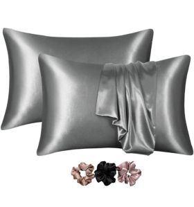 A Tiny Moppet-Satin Pillow Covers(Silver) - Count 2 with 3 Free Scrunchies (Random colours) - ATM-0055