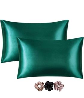 A Tiny Moppet-Satin Pillow Covers(Greenish Shade) - Count 2 with 3 Free Scrunchies(Random colours) - ATM-0057