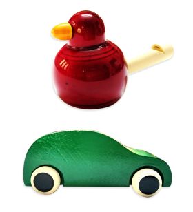 Lil Amigos Nest Channapatna Wooden Toys ( 1 Years+) Multicolor - Improves Hand Eye Coordination & Sound Skills Race Car & Bird Whistler Toys Set Pack of 2 (Green & Red)