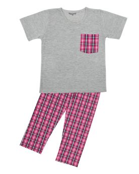 Funkrafts Girls Half Sleeves Checks T-shirt and Bottom Nightsuit - Pink & Grey