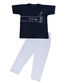 Funkrafts Boys Half Sleeves T-shirt and Bottom Nightsuit Slogan Print - Navy Blue & Grey