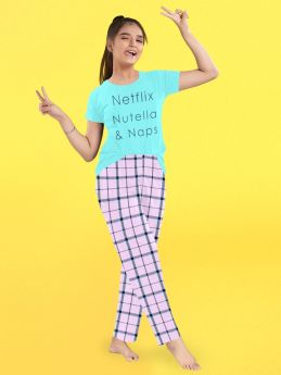 Funkrafts Girls Half Sleeves 100% Cotton Checks Printed Nightsuit-Multicolor