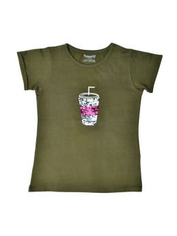FUNKRAFTS Girls Half Sleeves Sequence 100% Cotton T-Shirt - Olive Green