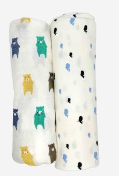 Kindermum-Kindermum Organic Cotton Muslin Swaddle Blanket Large Size - (0-12 Month) 110 cm X 110 cm - Set of 2 - Bear and Whale