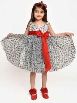 Jelly Jones Dress with Red Bow and Hair Band- light Grey