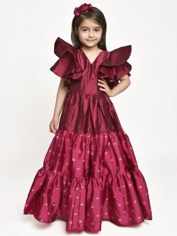 Jelly Jones  Flared Sleeve Gown with Hair Band -Wine-2-3 Years