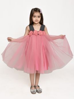 Jelly Jones Flower embelished Net Partywear Dress-Pink-2-3 Years