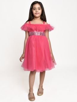 Jelly Jones sequance  embelished Net Partywear Dress-Neon Pink-2-3 Years