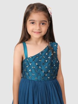 Jelly Jones- Duel shade Asymtric Sequance Flared Dress-128-2-3 Years