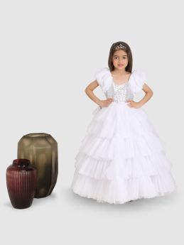 Jelly Jones  Sequance Torso Flaired Gown with puff sleeve -White -3-4 Years