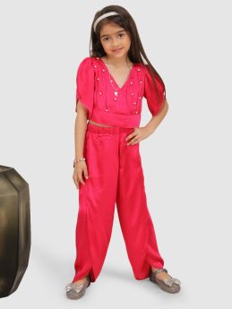 Jelly Jones  emblished beads Pleated top with petal sleeve &amp; Pant  -Pink-3-4 Years