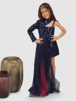 Jelly Jones Sequance Dress emblished with double layer side Tail- Navy Blue -3-4 Years