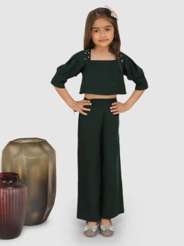 Jelly Jones Emeblished with diamonds shoulder pleated sleeve top & Pant -Bottal Green