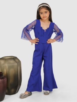 Jelly Jones Pleated with Net flair sleeve top & Bell Bottom Pant -Royal Blue 