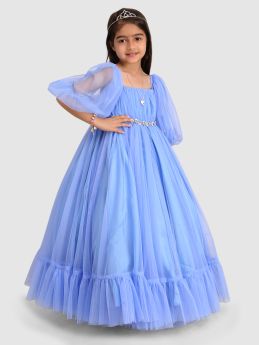 Jelly Jones  Torso Pleated Flaired Gown emblished with flower &amp; Diamond-Ice Blue -3-4 Years