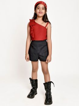 Jelly Jones Bow Shoulder Top with Black Shorts-Maroon