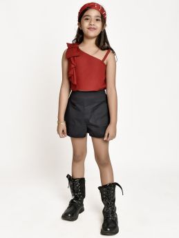 Jelly Jones Bow Shoulder Top with Black Shorts-Maroon-2-3 Years