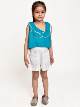 Jelly Jones  lace emblished top with White Shotrs -Turquoise Blue