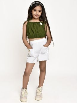 Jelly Jones Flower emblished Top with  White Shorts- Green-2-3 Years