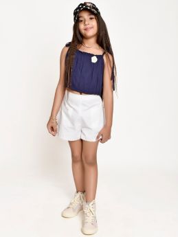 Jelly Jones  Flower emblished Top with  White Shorts -Navy