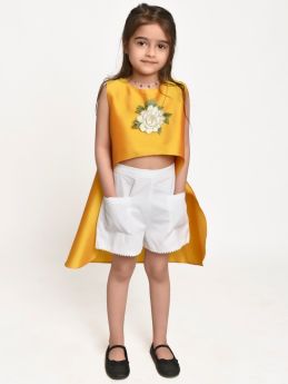 Jelly Jones  Asymmetric Flower Emblished top and White shorts-Yellow