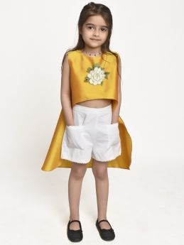 Jelly Jones  Asymmetric Flower Emblished top and White shorts-Yellow-2-3 Years