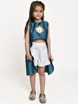 Jelly Jones Asymmetric Flower Emblished top and White shorts- Turquoise-2-3 Years