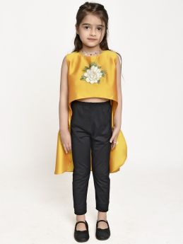 Jelly Jones  Asymmetric Flower Emblished top with Black leggings dress-Yellow-2-3 Years
