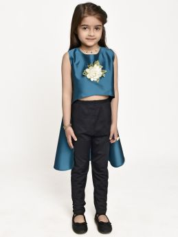 Jelly Jones Asymmetric Flower Emblished top with Black leggings dress- Turquoise-2-3 Years