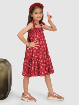 Jelly Jones Emblished with shoulder bow&amp; Neck Gathers dress-Maroon-3-4 Years